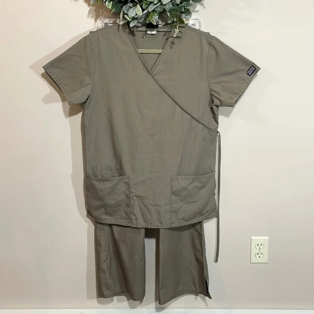 Cherokee Workwear Scrub Set Taupe Mock Wrap Top & Drawstring Flare Leg Pant S